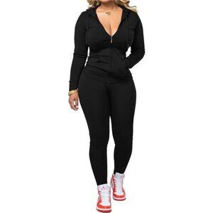 Women Two Piece Outfits Workout Sets Bodycon Tracksuit Long Sleeve Zip Up Hoodie